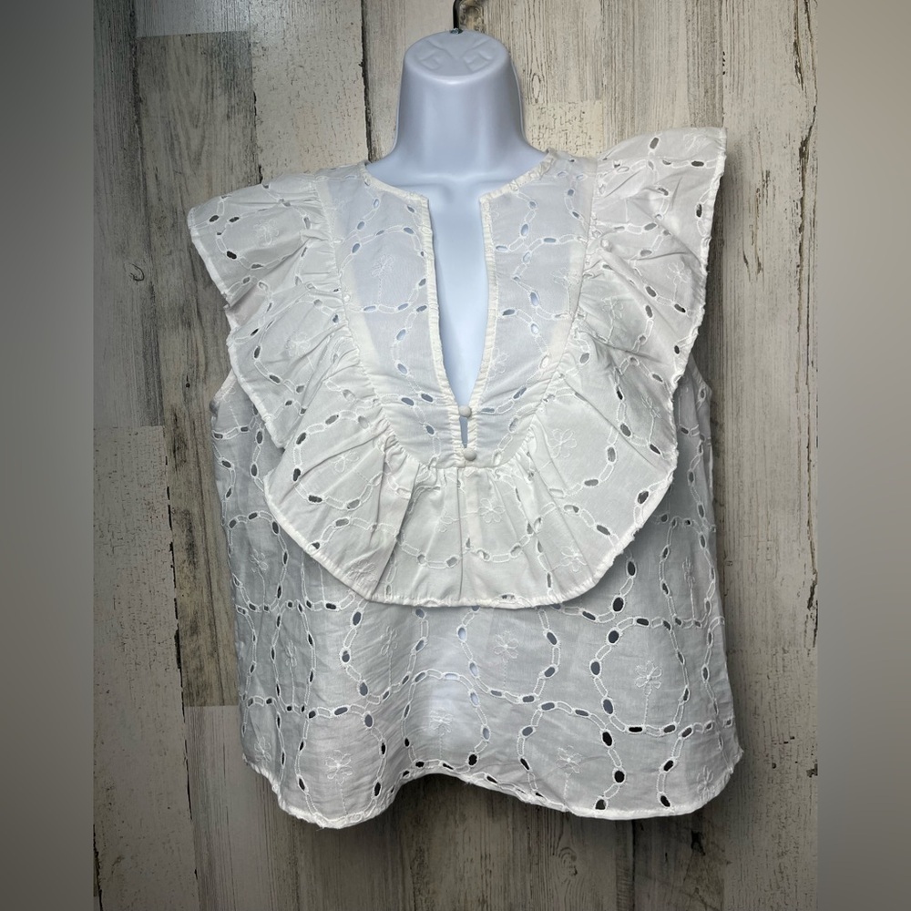 Zara white embroidered ruffle top size medium